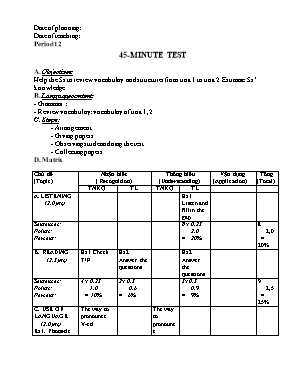 Ma trận và đề kiểm tra tiết một Tiếng anh lớp 9 (Có đáp án)